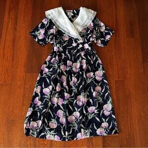 Vintage Floral Print Midi Dress with Collar 80s does the 50s Leslie Fay Spring